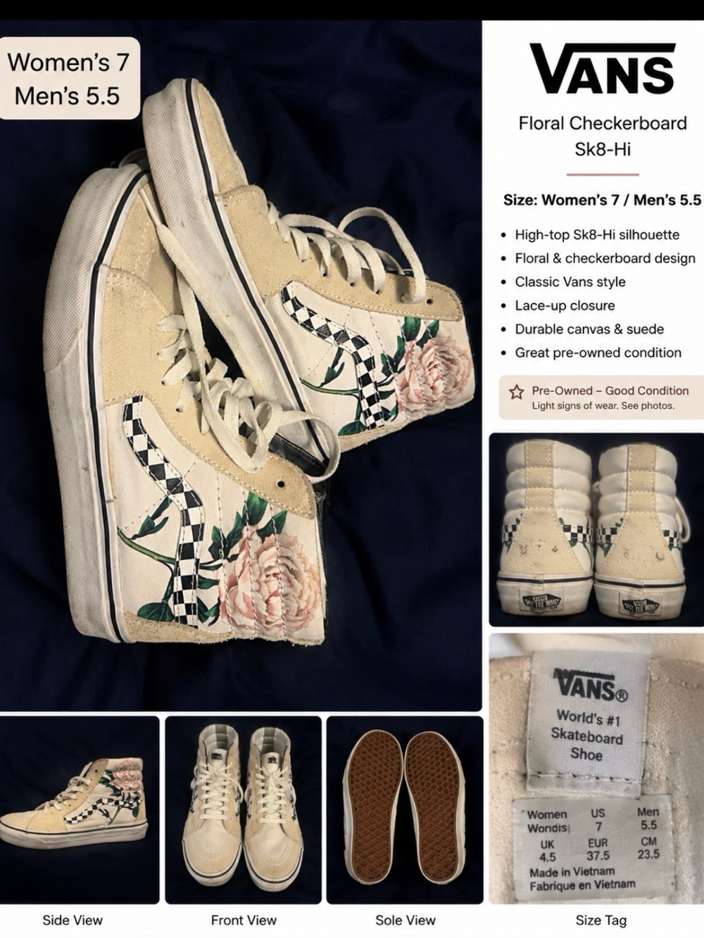 Vans Sk8-Hi Floral Checkerboard High-Top Sneakers in Cream and Pink